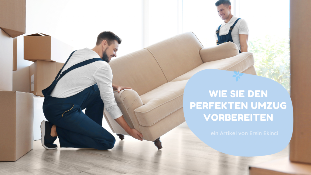 zwei junge Männer tragen ein Möbelstück durch die Wohnung. Beide lachen